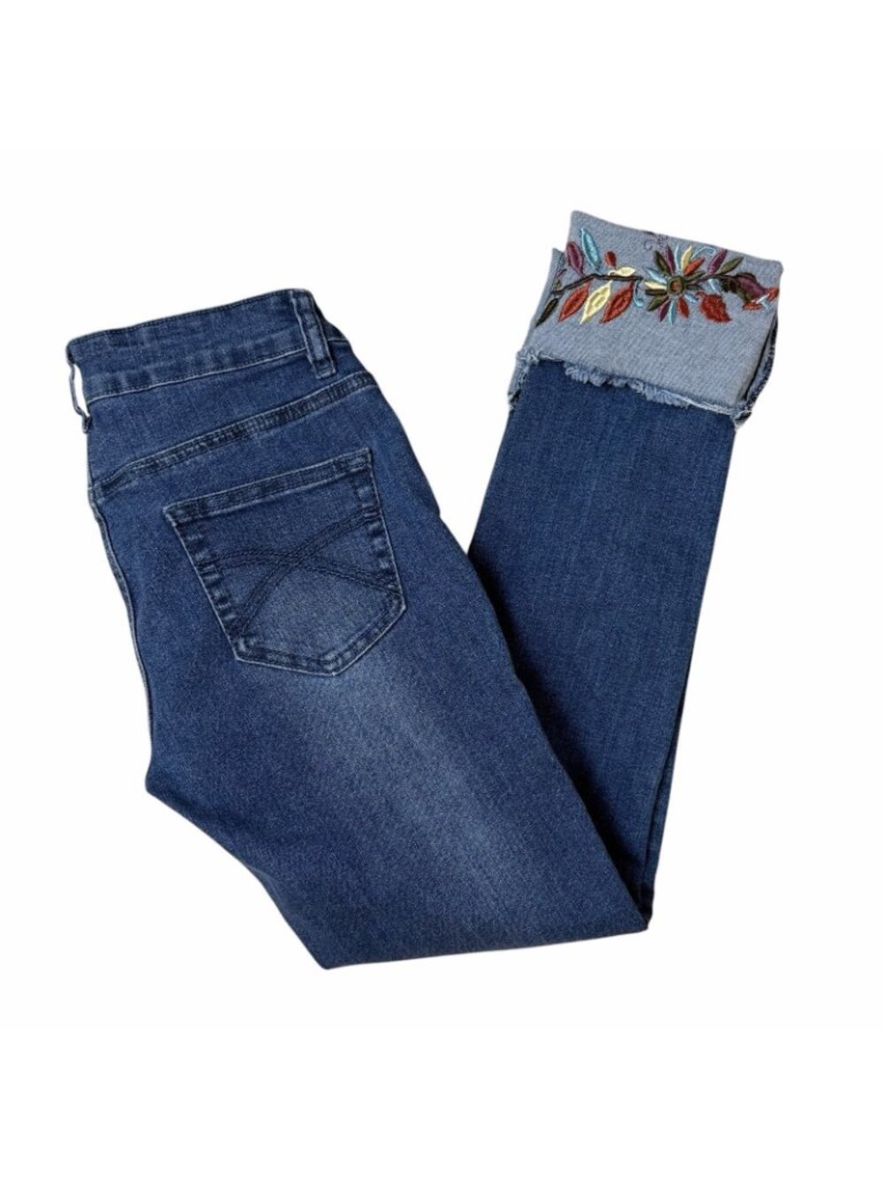 Angel + Premium Kim Fit Jeans Size 4 Embroidered Cuffed Hems Crop Capri Skinny - Picture 3 of 9
